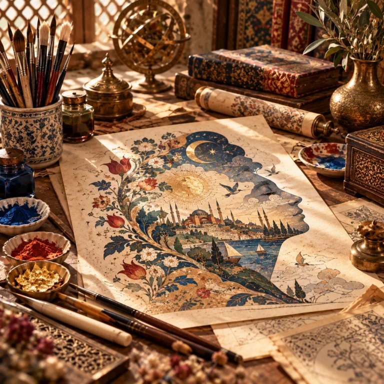 Kent, gökyüzü, bitkisel motif ve simgesel öğeleri kavramsal bir kompozisyonda birleştiren tekil editoryal illüstrasyon.