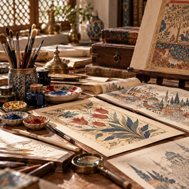İnsan figürü içermeyen, sıcak ve fotogerçekçi AES profil görsel diliyle hazırlanmış illüstrasyon atölyesi; çizim, kitap, pigment, fırça, eskiz ve görsel anlatı materyallerini birlikte göstermektedir.