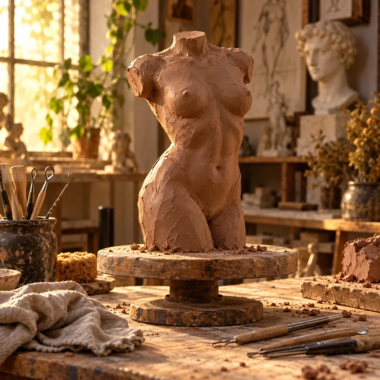 Kil modelaj ve anatomik hacim çözümlemesini gösteren tekil akademik torso çalışması.