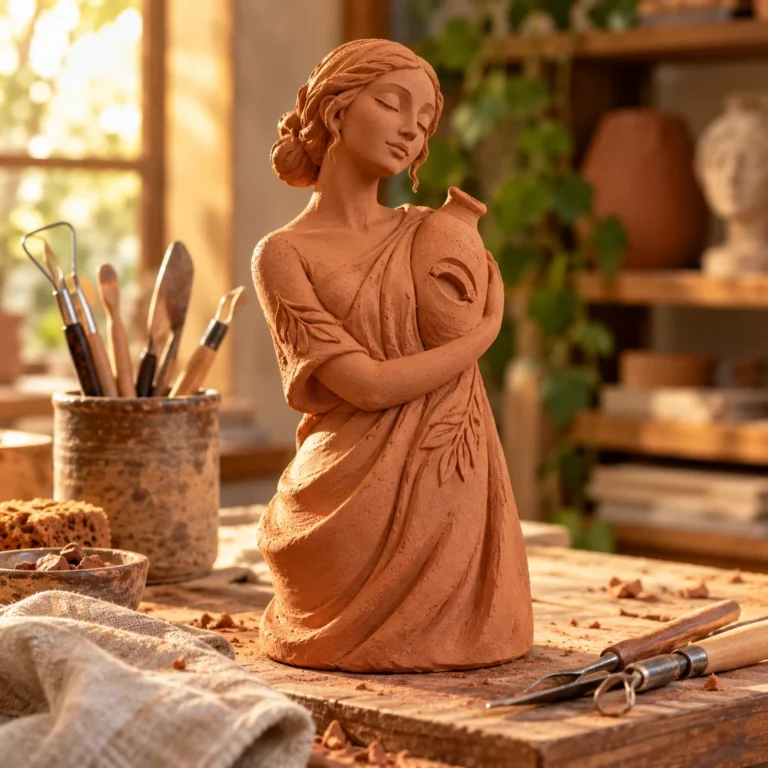 Pişmiş kil / terracotta küçük plastik yaklaşımını temsil eden tekil figür çalışması.