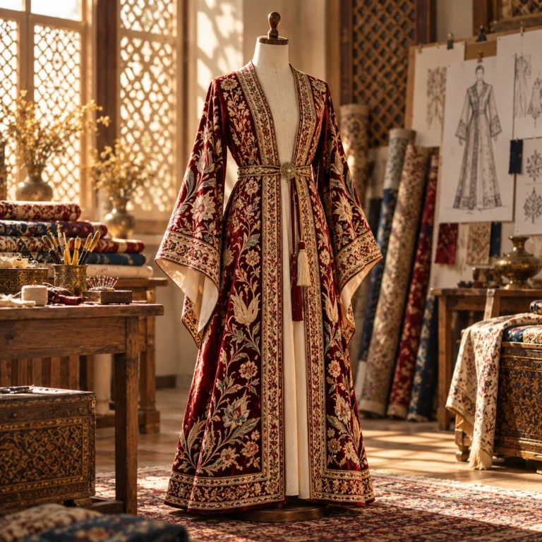 Geleneksel kaftan formu, zengin dokuma ve nakış yüzeyiyle çağdaş etno-fashion yaklaşımını temsil eden tekil giysi.