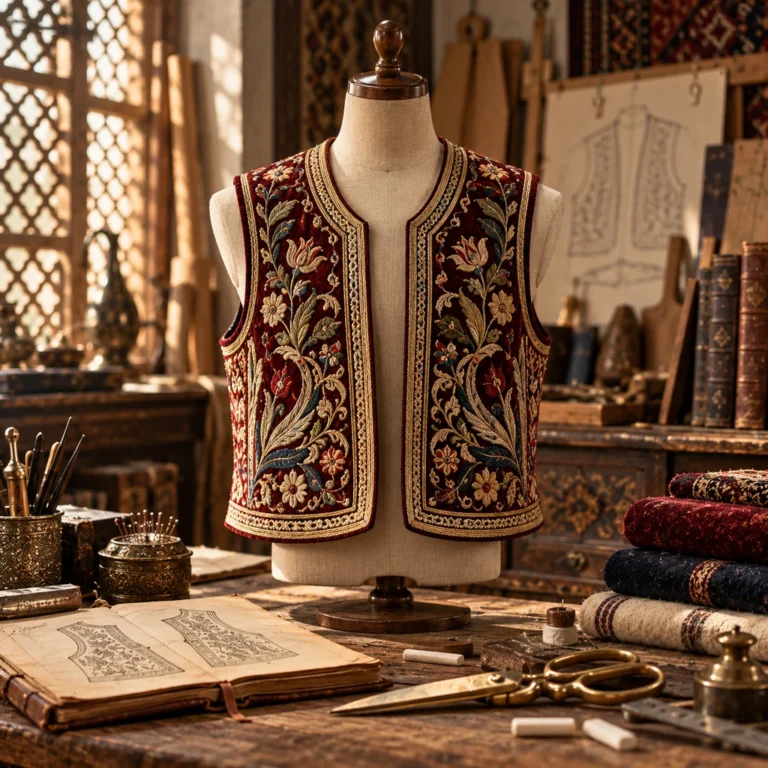 Nakışlı kısa üst giysi formuyla geleneksel konstrüksiyon ve çağdaş üst giyim tasarımını temsil eden tekil cepken.