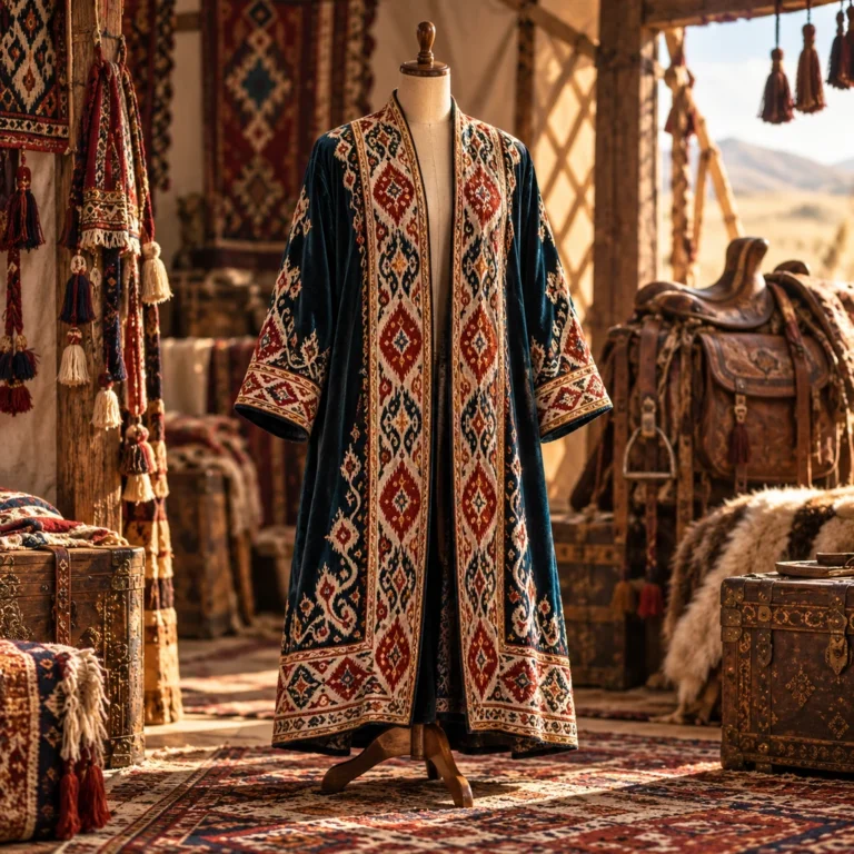 Orta Asya çapan formunu dokuma bordür ve uzun siluetle yorumlayan tekil dış giyim tasarımı.