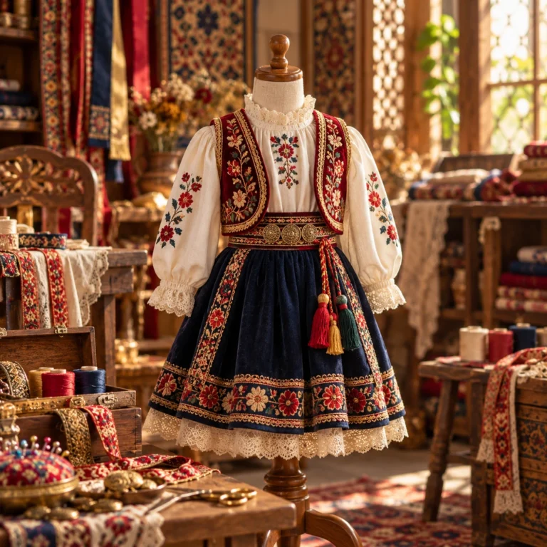 Çocuk ölçeğine uyarlanmış nakışlı geleneksel kostüm diliyle çocuk giyim alt dalını temsil eden tekil ürün.