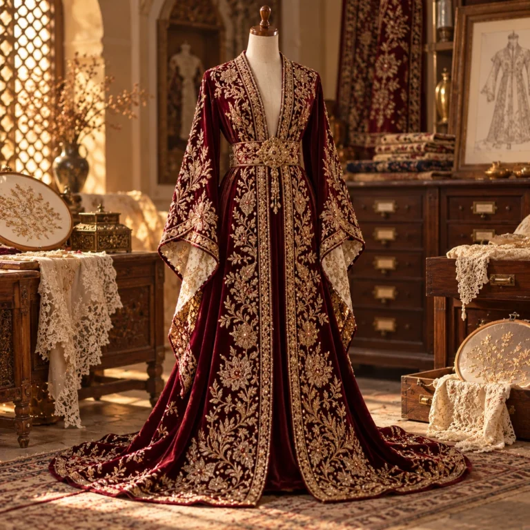 Yoğun altın renkli işleme, kadife yüzey ve törensel formuyla couture ve yüksek el işçiliği yaklaşımını temsil eden tekil giysi.