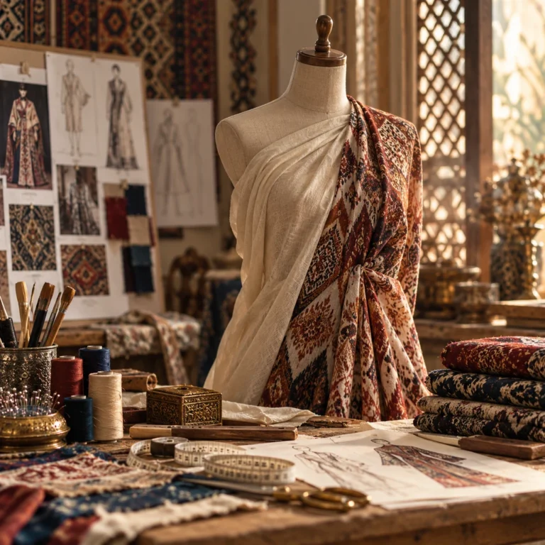 İnsan figürü içermeyen, sıcak ve fotogerçekçi AES profil görsel diliyle hazırlanmış moda tasarım atölyesi; prova mankeni, drapajlı tekstil, eskiz, ölçü, dikiş ve kumaş malzemelerini birlikte göstermektedir.