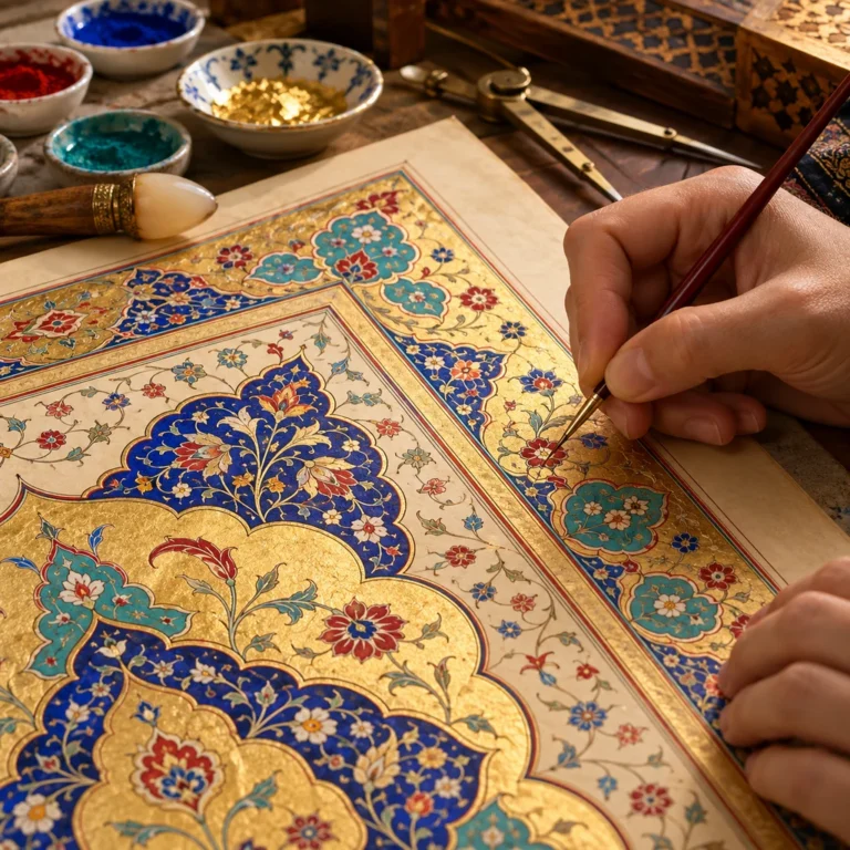 Geleneksel tezhip atölyesinde ince fırçayla altın ve renkli bezeme uygulayan sanatkârın elleri, altın varak, pigment kapları ve tezhipli kâğıt.