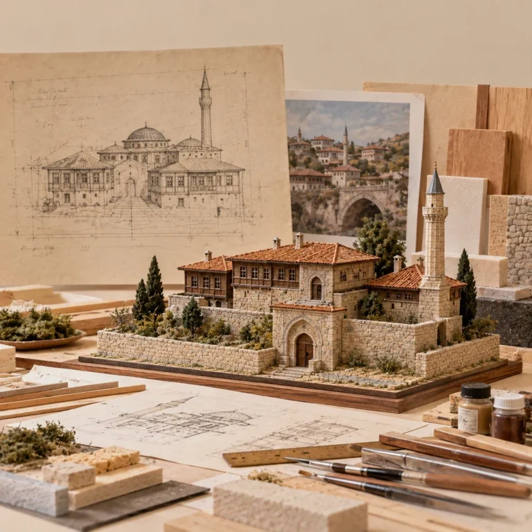 Mimari maket, çizim, malzeme örnekleri ve model yapım araçlarını birlikte gösteren profilsiz atölye kompozisyonu.