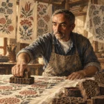 Hüseyin Er’i ahşap kalıpla Tokat yazması baskısı yaparken gösteren sıcak, dokulu ve resimsel profil illüstrasyonu.