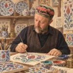 İsmail Yiğit’i kameraya bakmadan, geleneksel çini desenini ince fırçayla işlerken gösteren AES profil illüstrasyonu.