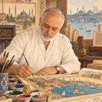 Minyatür sanatçısı Nusret Çolpan, çalışma masasında başı öne eğik, İstanbul minyatürüne ince fırçayla renk uygularken gösteren sıcak sepya tonlarında çizgi ve suluboya illüstrasyonu; kameraya bakmıyor.