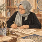 Safiye Morçay’ı katı‘ kâğıt oyma çalışması yaparken gösteren, AES sözleşmesine uygun stilize profil illüstrasyonu.
